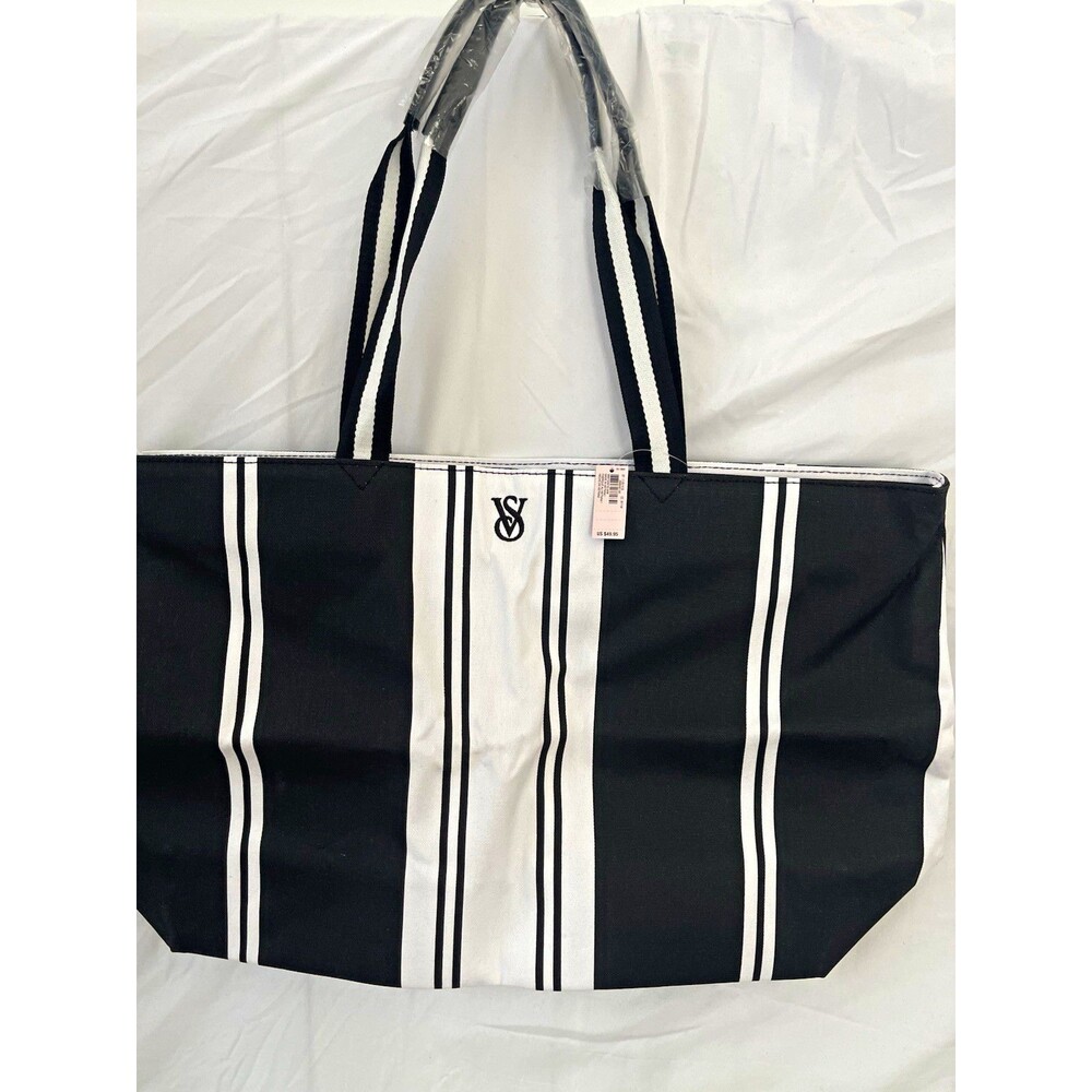 Victoria's Secret Striped Tote Black/White Zip Top, Logo, Double Handles